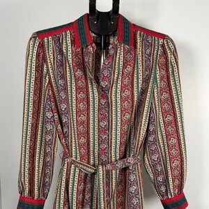 VTG Belted Shirt Dress Paisley Stripe Midi Size 14P Schrader Sport Petites